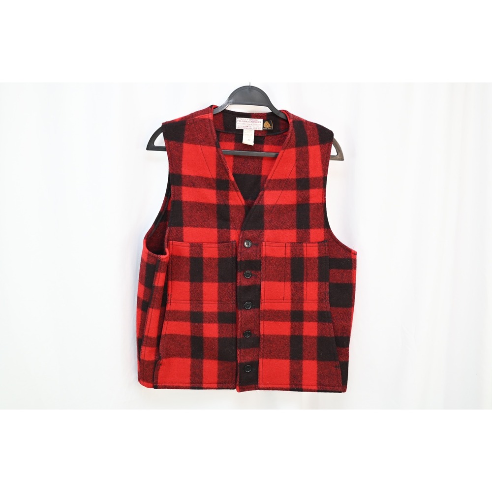 Filson Mackinaw Wool Vest Mens 42 Red Black Plaid Made in USA Style 20